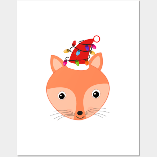 Cute fox with christmas red santa hat and light bulbs Posters and Art